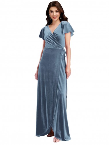 V-Neck Stretch Velvet Dusty Blue Long Prom Dress Canada Shop