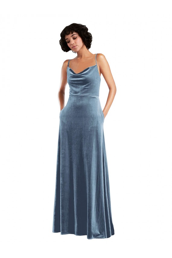 Open Back Cowl Neck Stretch Velvet Dusty Blue Long Prom Dress Canada Shop