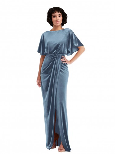 Open Back Stretch Velvet Dusty Blue Long Prom Dress Canada Shop