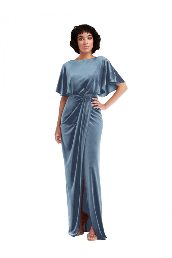 Open Back Stretch Velvet Dusty Blue Long Prom Dress Canada Shop