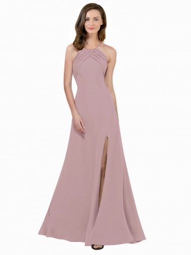 Keyhole Back Jewel Neck Stretch Crepe Dusty Pink Long Prom Dress Canada Shop