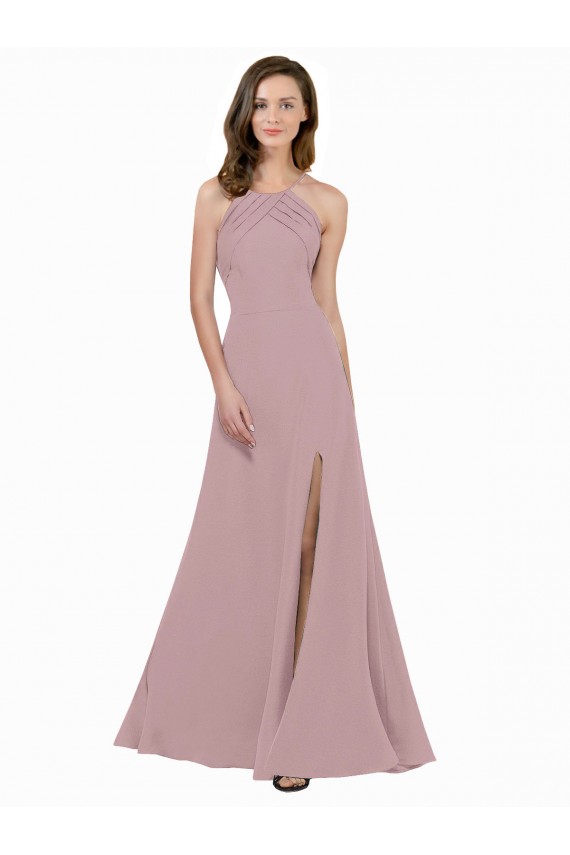Keyhole Back Jewel Neck Stretch Crepe Dusty Pink Long Prom Dress Canada Shop