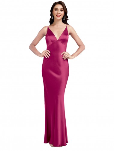 Low Back Spaghetti Straps Stretch Satin Fuchsia Long Sexy Prom Dress Canada Shop