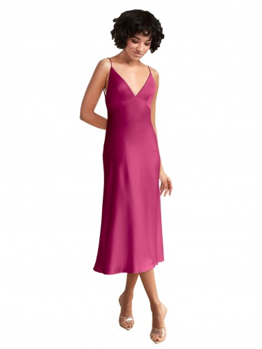 Low Back V-Neck Stretch Satin Fuchsia Midi Length Prom Dress Canada Shop