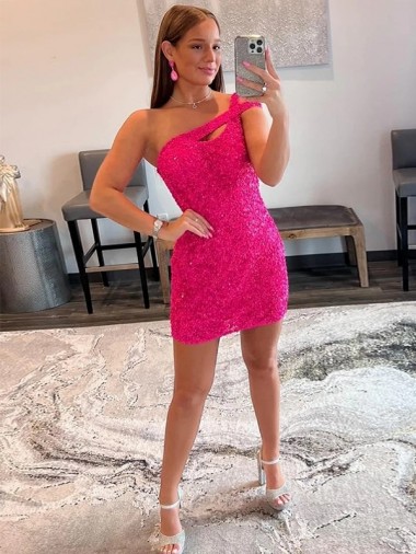 One Shoulder Velvet Sequin Fuchsia Short Short Prom Dress Canada Shop