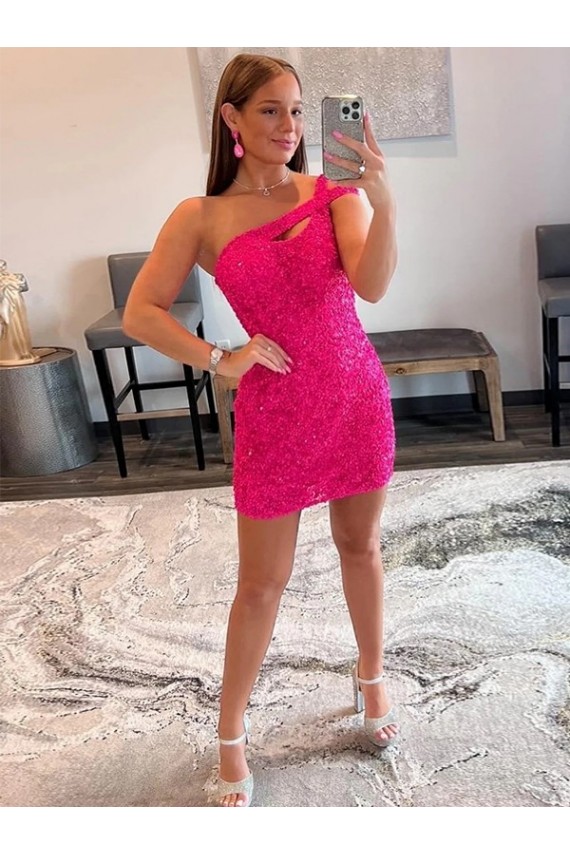 One Shoulder Velvet Sequin Fuchsia Short Short Prom Dress Canada Shop