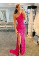 One Shoulder Velvet Sequin Fuchsia Sweep Train Prom Dress Canada Shop
