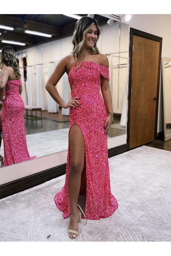 One Shoulder Velvet Sequin Fuchsia Sweep Train Sexy Prom Dress Canada Shop