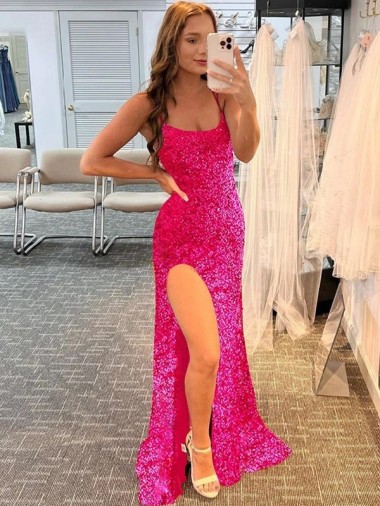 Spaghetti Straps Velvet Sequin Fuchsia Sweep Train Prom Dress Canada Shop