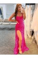 Spaghetti Straps Velvet Sequin Fuchsia Sweep Train Prom Dress Canada Shop