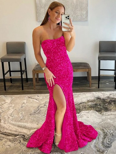 Strapless Velvet Sequin Fuchsia Sweep Train High Slit Prom Dress Canada Shop