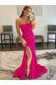 Strapless Velvet Sequin Fuchsia Sweep Train High Slit Prom Dress Canada Shop