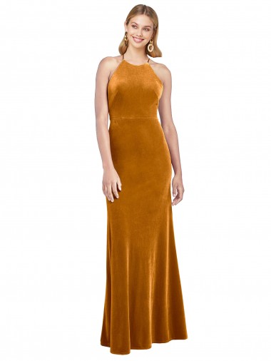 Open Back Halter Neck Stretch Velvet Gold Long Prom Dress Canada Shop