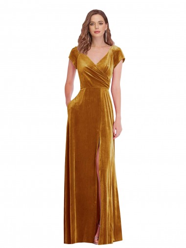 V-Neck Stretch Velvet Gold Long Prom Dress Canada Shop