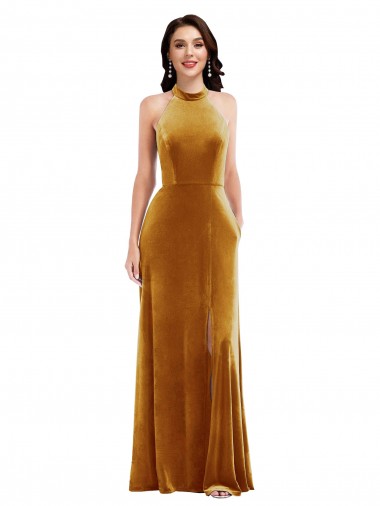 Keyhole Back Halter Neck Stretch Velvet Gold Long Prom Dress Canada Shop