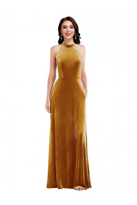 Keyhole Back Halter Neck Stretch Velvet Gold Long Prom Dress Canada Shop