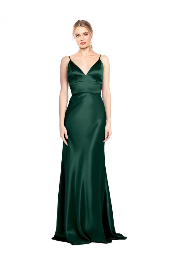 V-Back Spaghetti Straps Stretch Satin Hunter Long Prom Dress Canada Shop