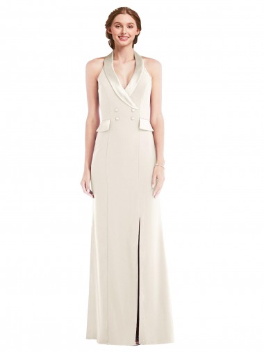 Low Back Halter Neck Stretch Crepe Ivory Long Prom Dress Canada Shop