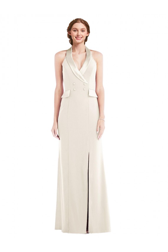 Low Back Halter Neck Stretch Crepe Ivory Long Prom Dress Canada Shop