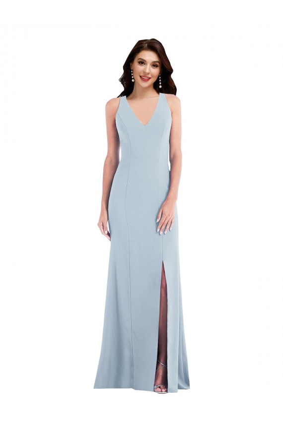 Open Back V-Neck Stretch Crepe Light Sky Blue Long Prom Dress Canada Shop