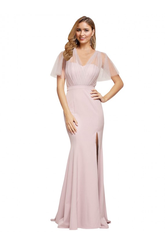 V-Back One Shoulder Stretch Crepe & Tulle Mauve Long Prom Dress Canada Shop