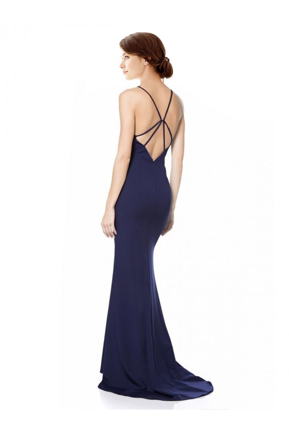 Open Back Halter Neck Stretch Crepe Navy Blue Long Prom Dress Canada Shop