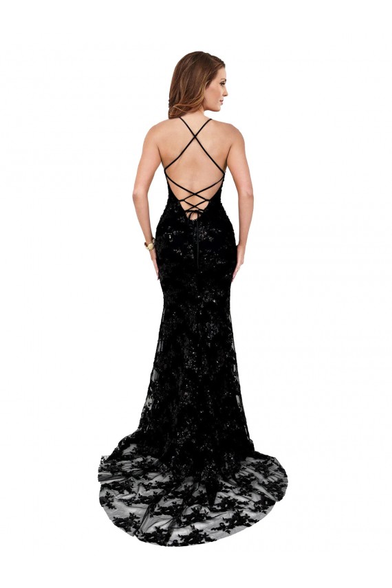 Open Back High Neck Lace Black Long Sexy Prom Dress Canada Shop