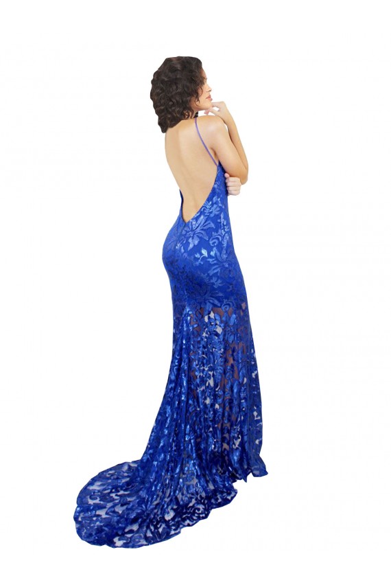 Open Back High Neck Lace Royal Blue Long Prom Dress Canada Shop