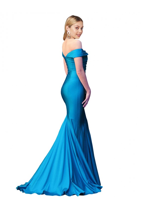 Off the Shoulder Satin Peacock Blue Long Prom Dress Canada Shop
