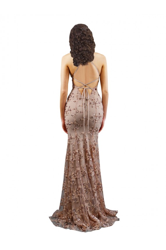 Open Back V-Neck Stretch Crepe & Sequin Tulle Rose Gold Long Prom Dress Canada Shop