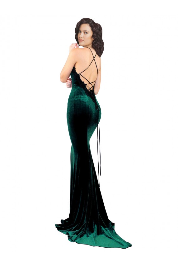 Open Back High Neck Stretch Velvet Dark Green Sweep Train Prom Dress Canada Shop