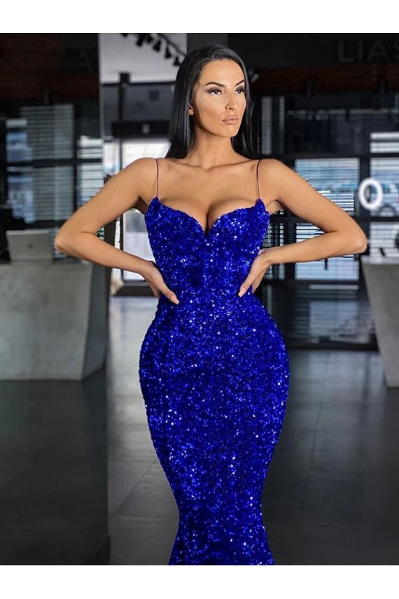 Spaghetti Straps Velvet Sequin Royal Blue Sweep Train Prom Dresses Canada Shop