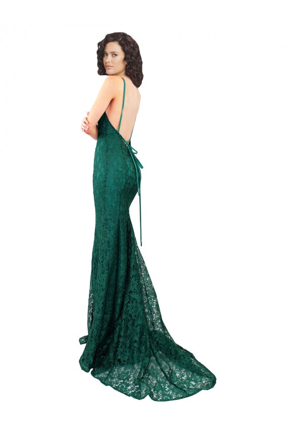 Open Back V-Neck Lace Dark Green Long Prom Dress Canada Shop