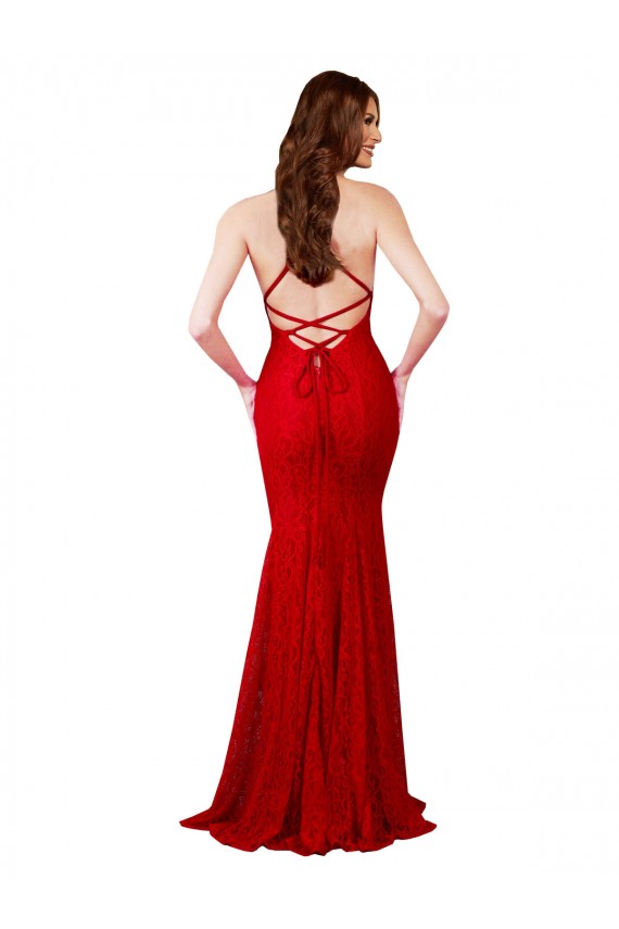 Open Back V-Neck Lace Red Long Prom Dress Canada Shop