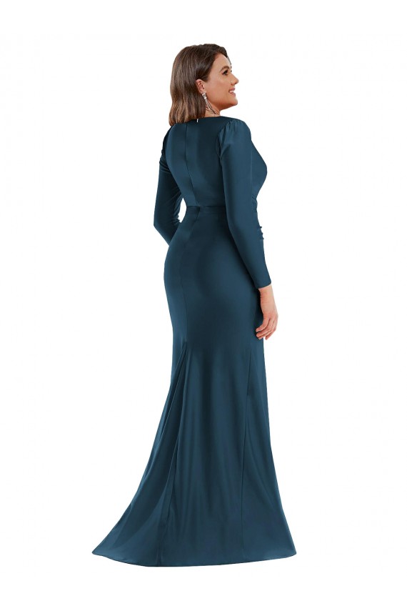 V-Neck Silky Satin Atlantic Blue Long Plus Size Prom Dress Canada Shop