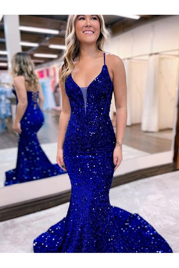 V-Neck Velvet Sequin Royal Blue Court Train Prom Dress Canada Shop
