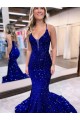 V-Neck Velvet Sequin Royal Blue Court Train Prom Dress Canada Shop