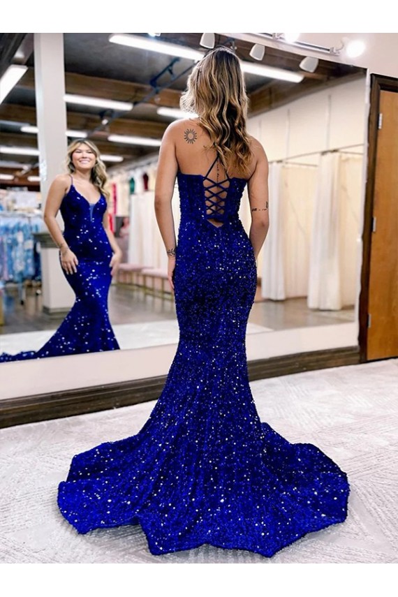 V-Neck Velvet Sequin Royal Blue Court Train Prom Dress Canada Shop
