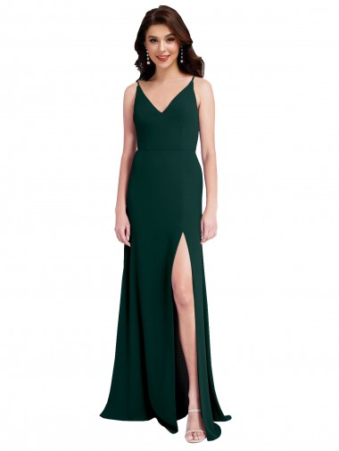 V-Neck Stretch Crepe Midnight Green Long A-Line Prom Dress Canada Shop