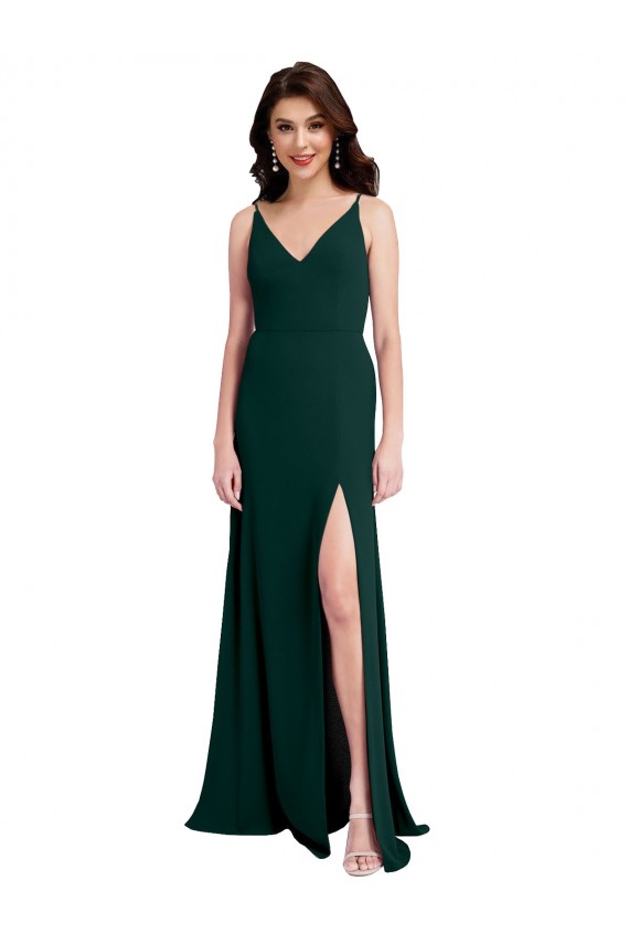 V-Neck Stretch Crepe Midnight Green Long A-Line Prom Dress Canada Shop
