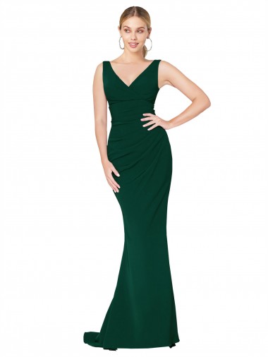 V-Neck Stretch Crepe Midnight Green Long Prom Dress Canada Shop