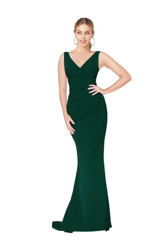 V-Neck Stretch Crepe Midnight Green Long Prom Dress Canada Shop