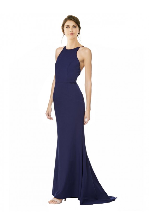 Open Back Halter Neck Stretch Crepe Navy Blue Long Prom Dress Canada Shop