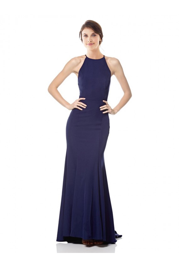 Halter Neck Stretch Crepe Navy Blue Long Prom Dress Canada Shop