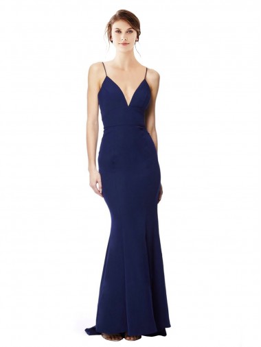 Open Back Spaghetti Straps Stretch Crepe Navy Blue Long Prom Dress Canada Shop