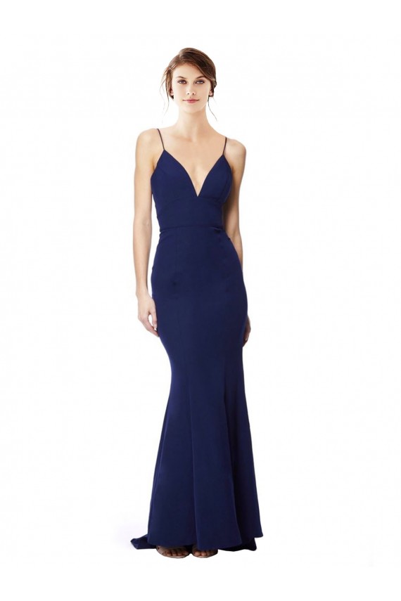 Open Back Spaghetti Straps Stretch Crepe Navy Blue Long Prom Dress Canada Shop