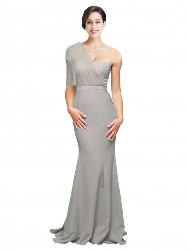 Low Back One Shoulder Stretch Crepe & Tulle Oyster Silver Sweep Train Prom Dress Canada Shop