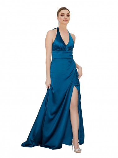 Open Back Halter Neck Silky Satin Peacock Blue Long Prom Dress Canada Shop