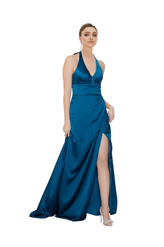 Open Back Halter Neck Silky Satin Peacock Blue Long Prom Dress Canada Shop