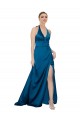 Open Back Halter Neck Silky Satin Peacock Blue Long Prom Dress Canada Shop